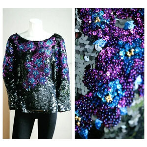 Vintage Black Blue Purple  Beaded Colourful Floral Long Sleeve Sequin Top M
